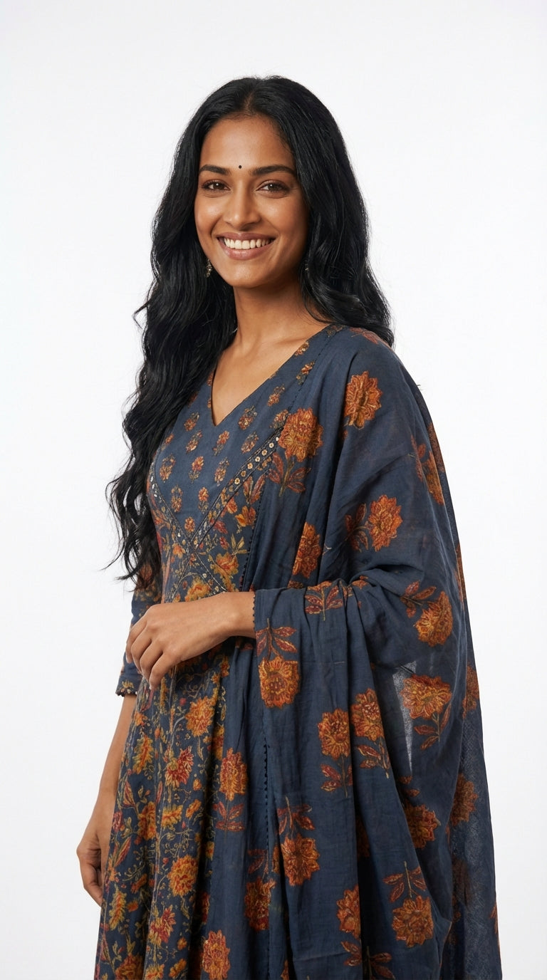 Blue Cotton Anarkali Kurta Pant Set with Dupatta-250138