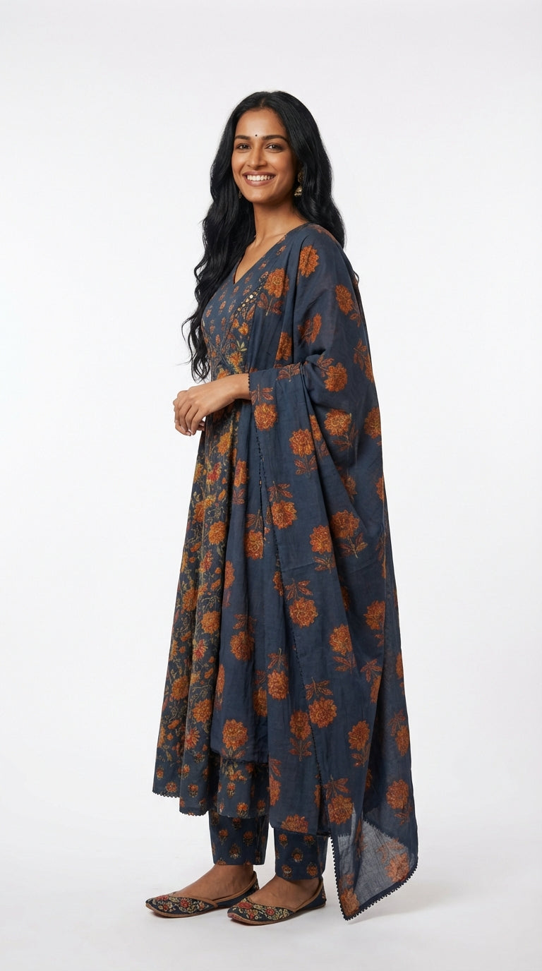 Blue Cotton Anarkali Kurta Pant Set with Dupatta-250138