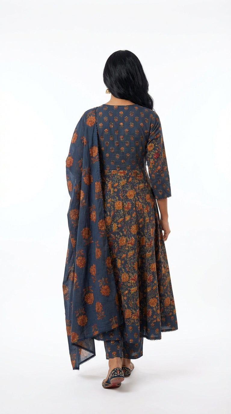 Blue Cotton Anarkali Kurta Pant Set with Dupatta-250138