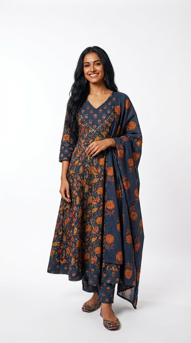 Blue Cotton Anarkali Kurta Pant Set with Dupatta-250138