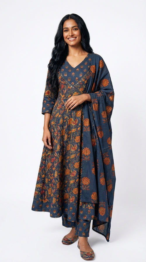 Blue Cotton Anarkali Kurta Pant Set with Dupatta-250138