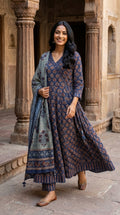 Blue Cotton Anarkali Kurta Pant Set with Dupatta-250143
