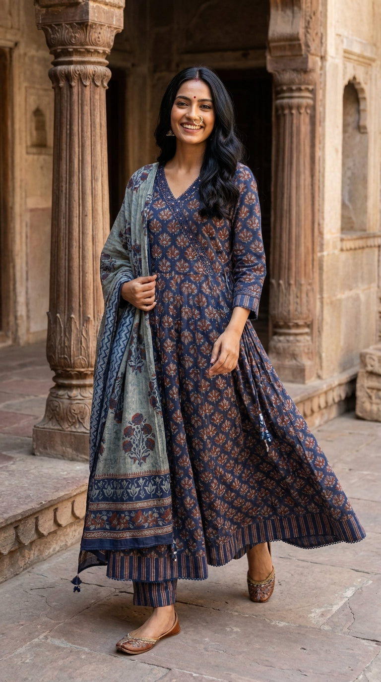 Blue Cotton Anarkali Kurta Pant Set with Dupatta-250143