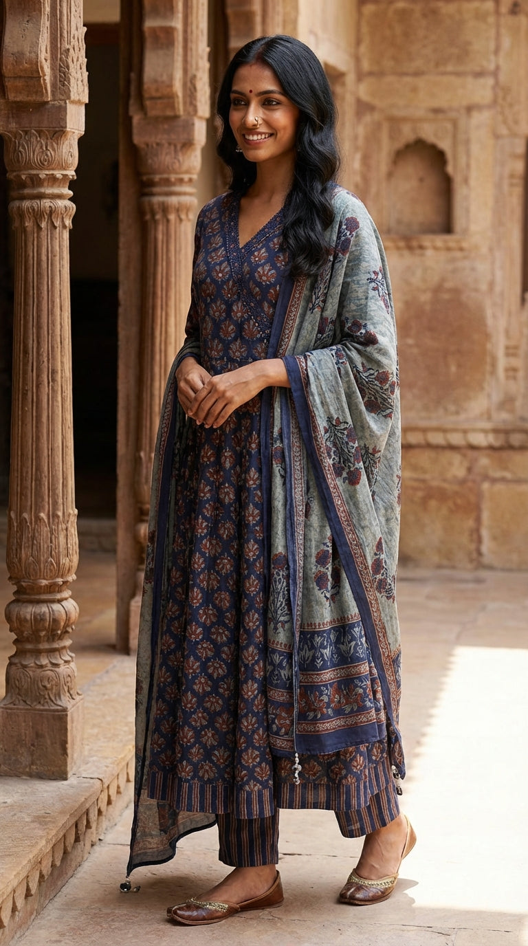 Blue Cotton Anarkali Kurta Pant Set with Dupatta-250143
