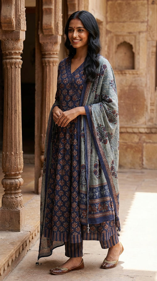 Blue Cotton Anarkali Kurta Pant Set with Dupatta-250143