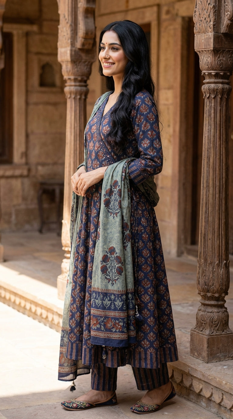 Blue Cotton Anarkali Kurta Pant Set with Dupatta-250143