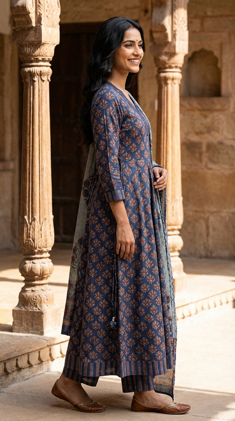 Blue Cotton Anarkali Kurta Pant Set with Dupatta-250143