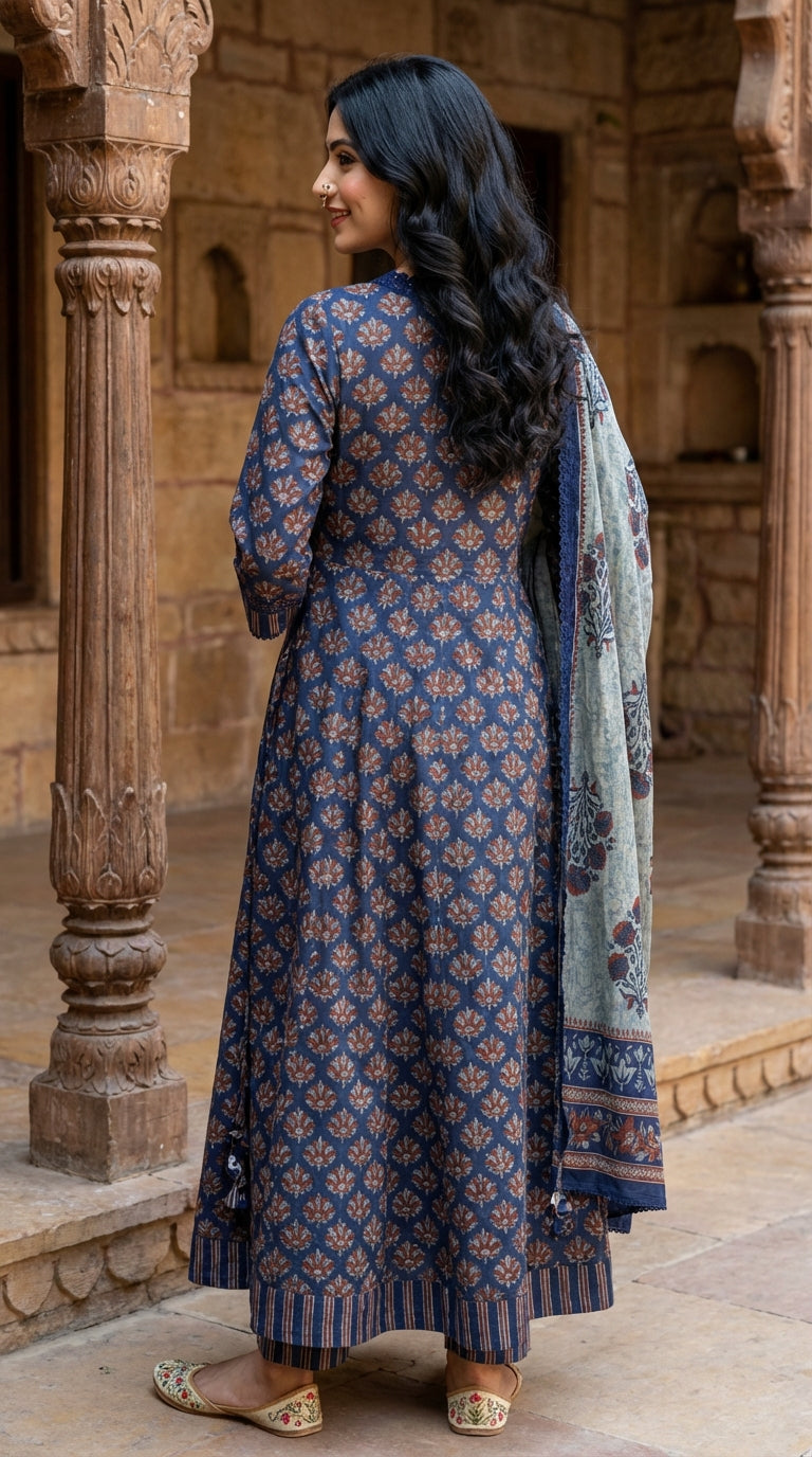 Blue Cotton Anarkali Kurta Pant Set with Dupatta-250143