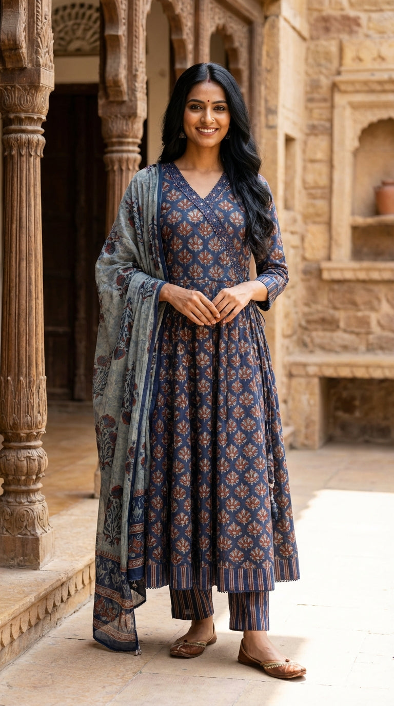 Blue Cotton Anarkali Kurta Pant Set with Dupatta-250143