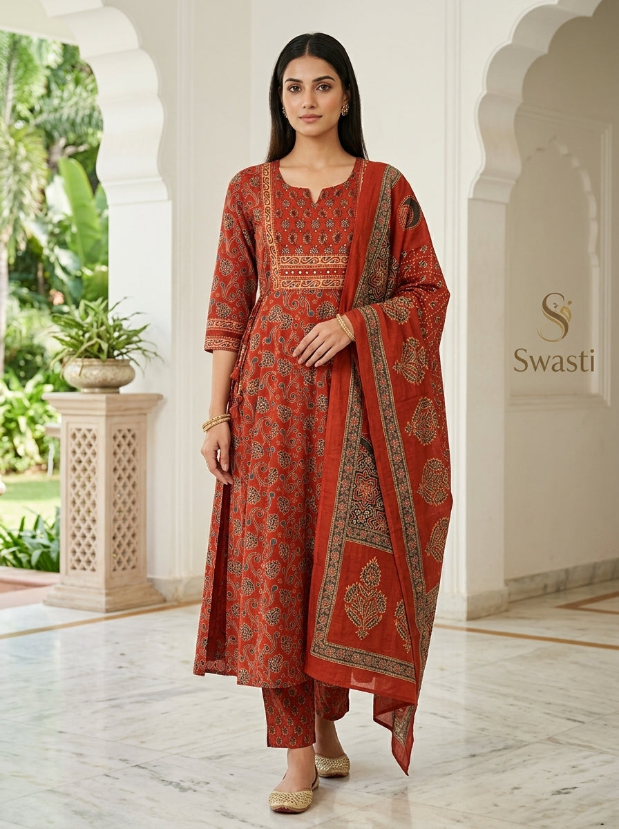 Red Cotton Anarkali Kurta Pant Set with Dupatta-250145