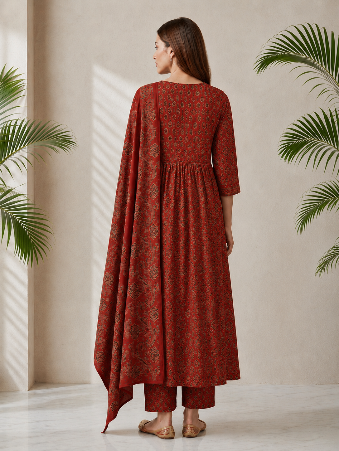 Red Cotton Anarkali Kurta Pant Set with Dupatta-250145