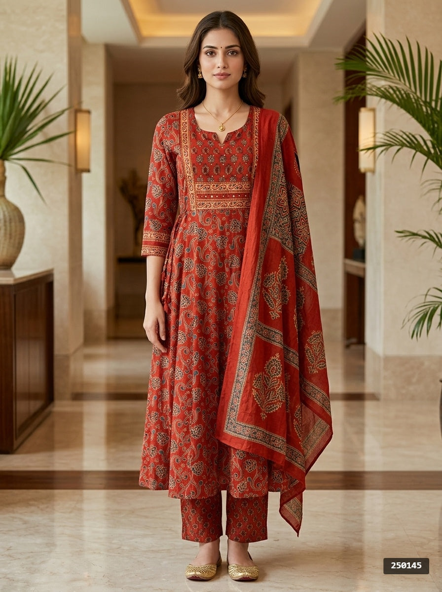 Red Cotton Anarkali Kurta Pant Set with Dupatta-250145