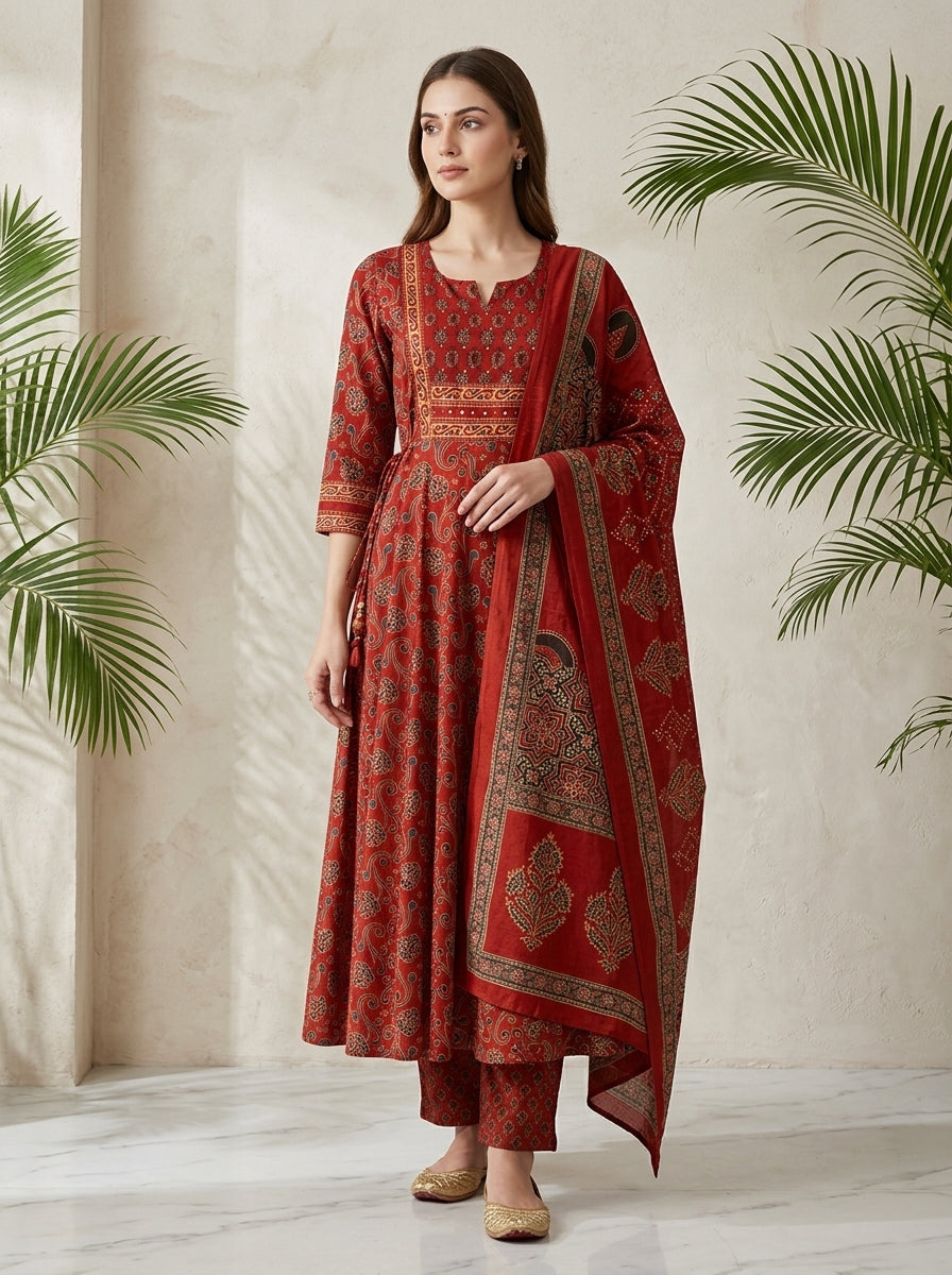 Red Cotton Anarkali Kurta Pant Set with Dupatta-250145