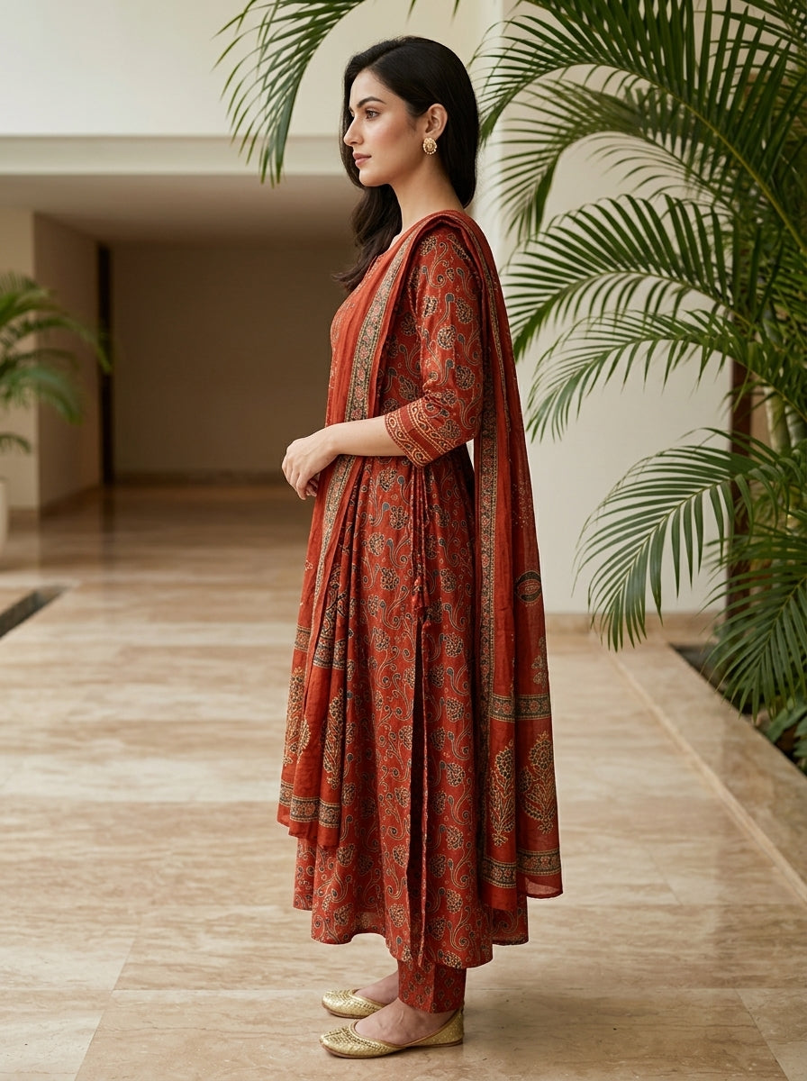 Red Cotton Anarkali Kurta Pant Set with Dupatta-250145