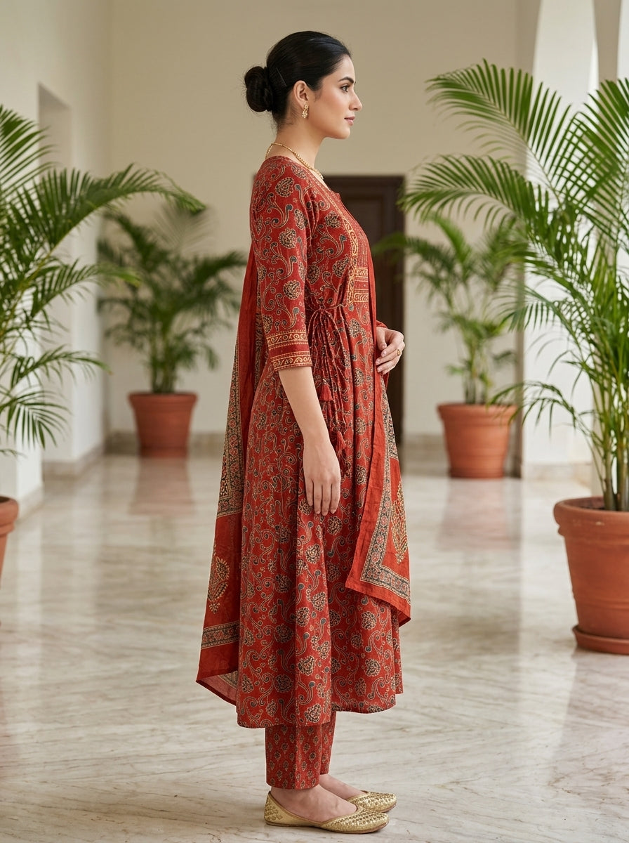 Red Cotton Anarkali Kurta Pant Set with Dupatta-250145