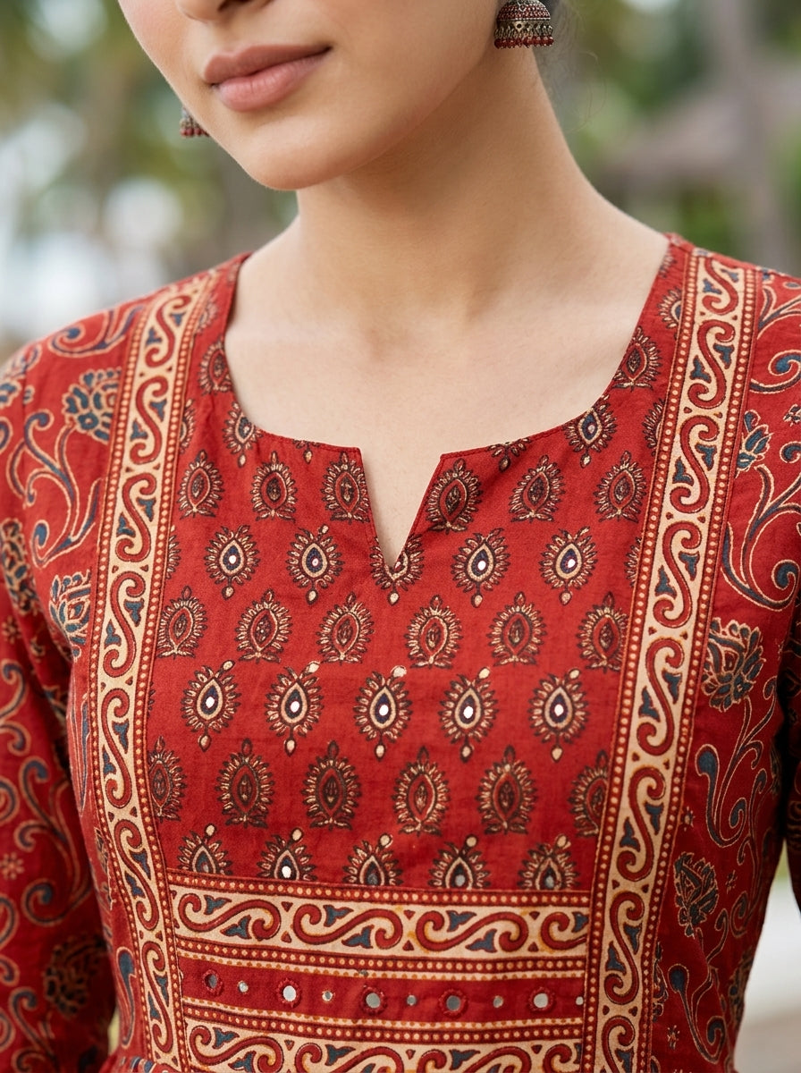 Red Cotton Anarkali Kurta Pant Set with Dupatta-250145