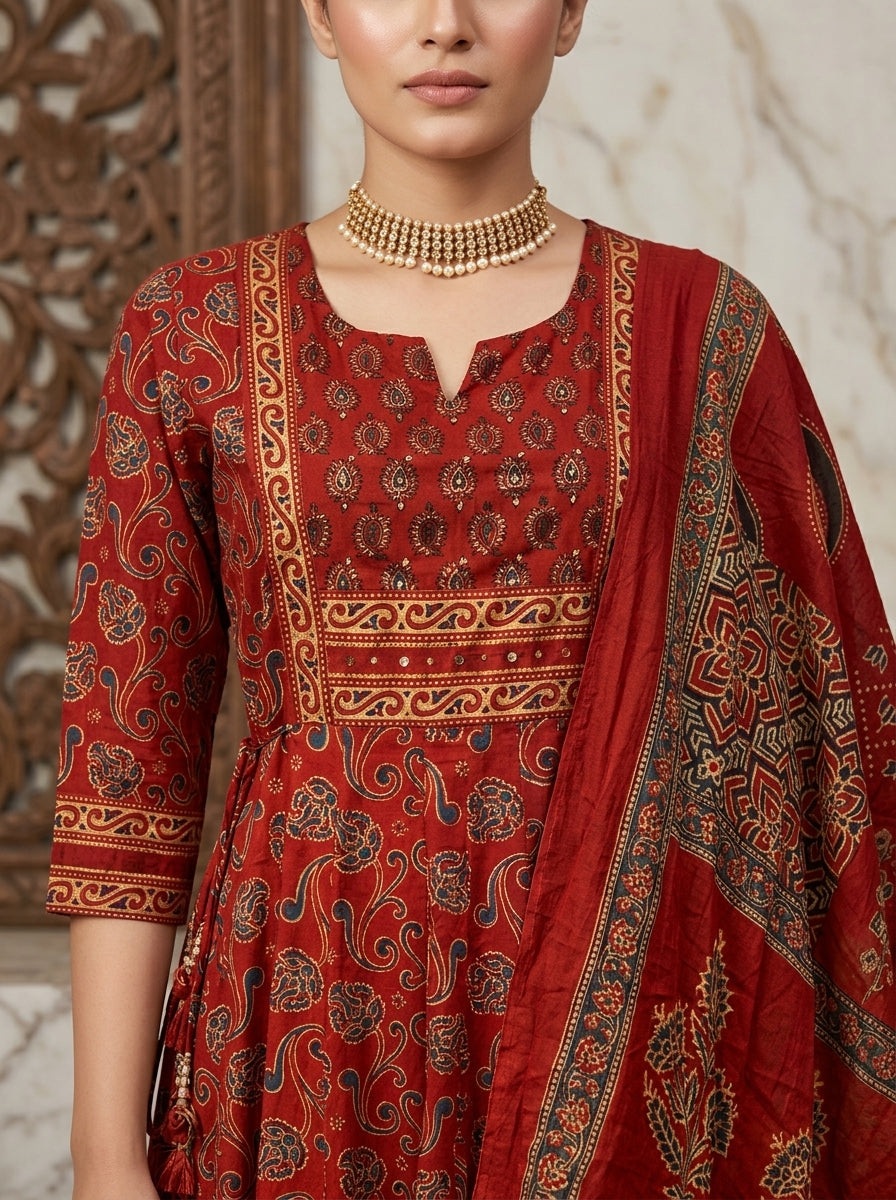 Red Cotton Anarkali Kurta Pant Set with Dupatta-250145
