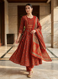 Red Cotton Anarkali Kurta Pant Set with Dupatta-250145