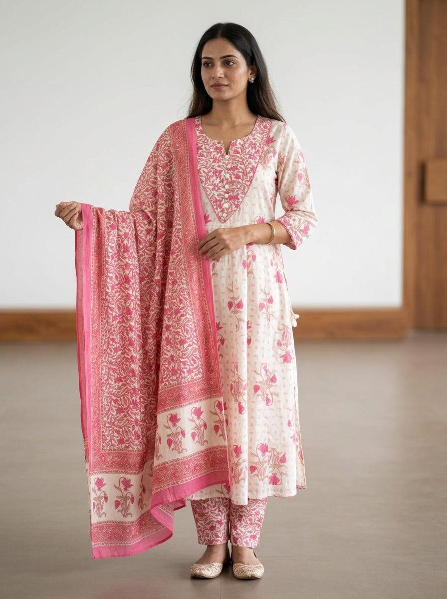 White Cotton Anarkali Kurta Pant Set with Dupatta-250146