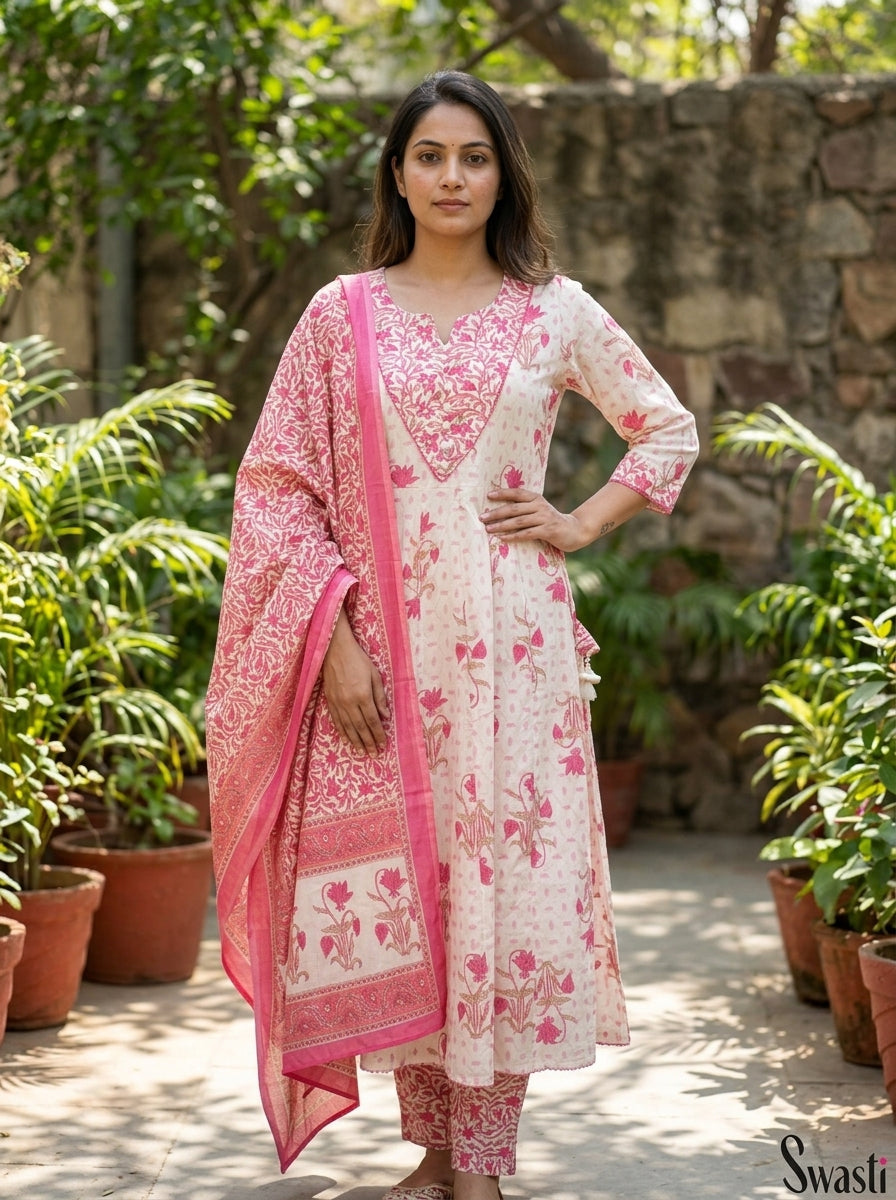 White Cotton Anarkali Kurta Pant Set with Dupatta-250146