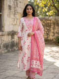 White Cotton Anarkali Kurta Pant Set with Dupatta-250146
