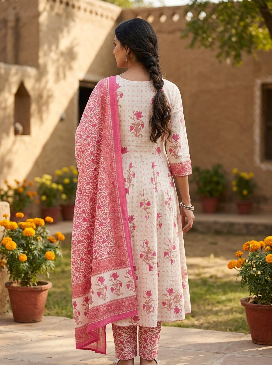 White Cotton Anarkali Kurta Pant Set with Dupatta-250146