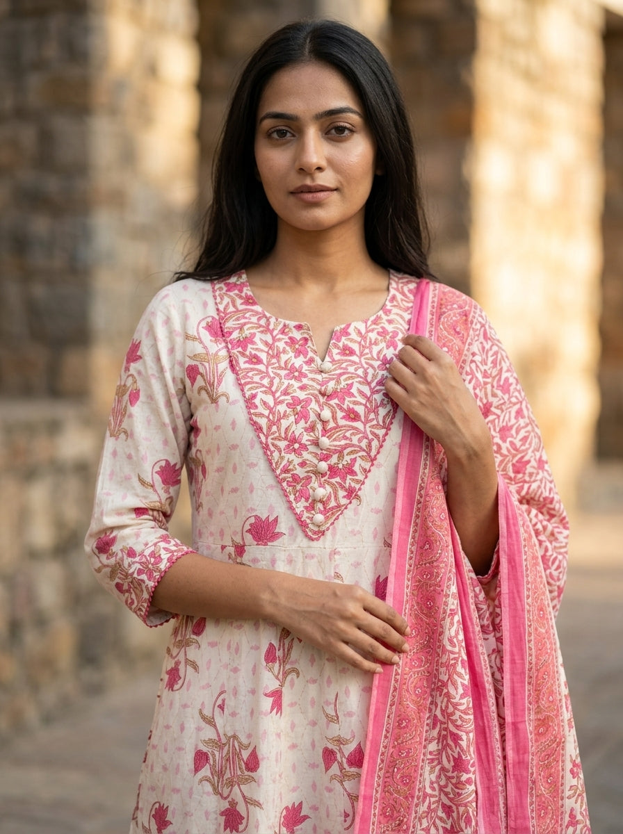 White Cotton Anarkali Kurta Pant Set with Dupatta-250146