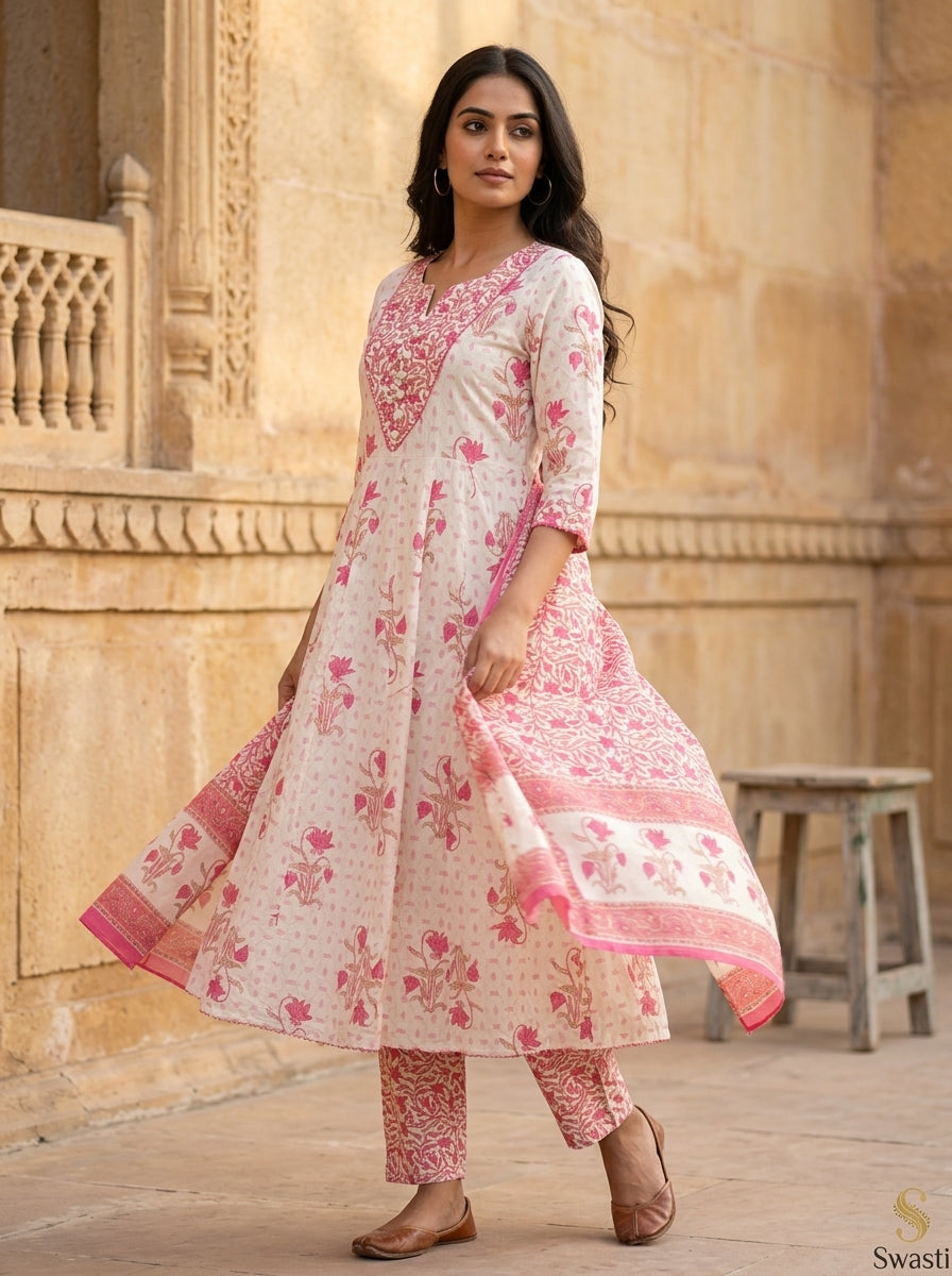 White Cotton Anarkali Kurta Pant Set with Dupatta-250146