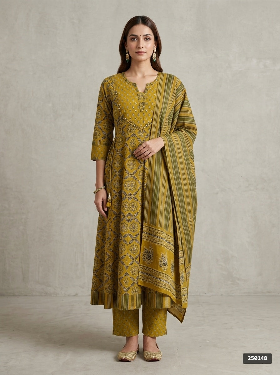 Mustard Cotton Anarkali Kurta Pant Set with Dupatta-250148