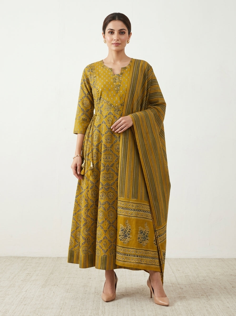 Mustard Cotton Anarkali Kurta Pant Set with Dupatta-250148