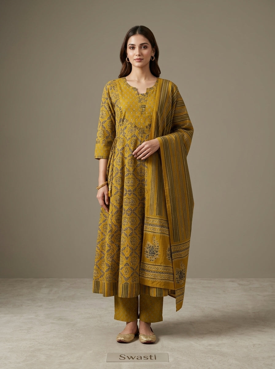 Mustard Cotton Anarkali Kurta Pant Set with Dupatta-250148