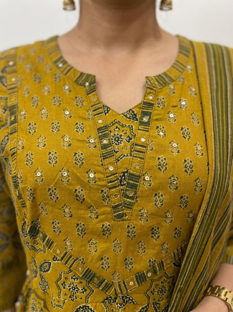 Mustard Cotton Anarkali Kurta Pant Set with Dupatta-250148