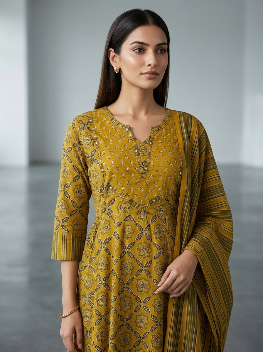 Mustard Cotton Anarkali Kurta Pant Set with Dupatta-250148