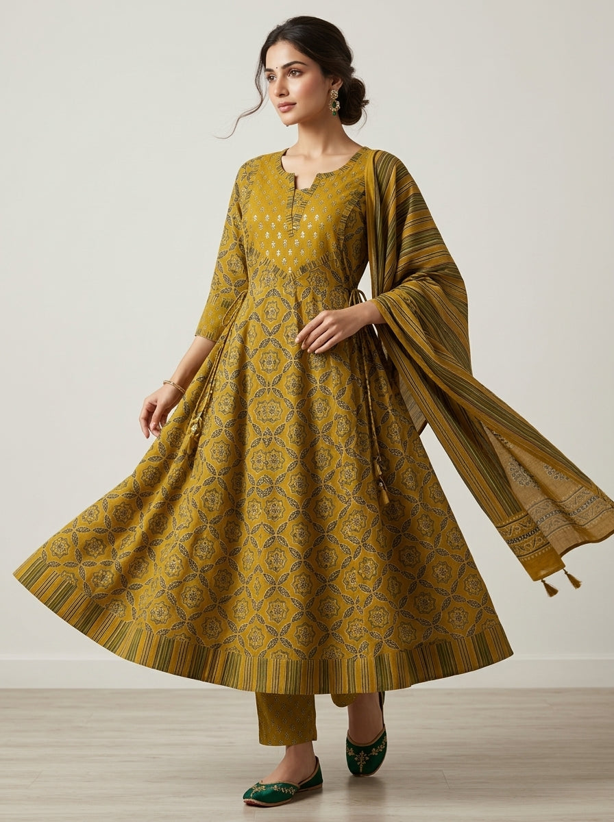 Mustard Cotton Anarkali Kurta Pant Set with Dupatta-250148