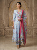 Sky Blue Cotton Anarkali Kurta Pant Set with Dupatta-250149