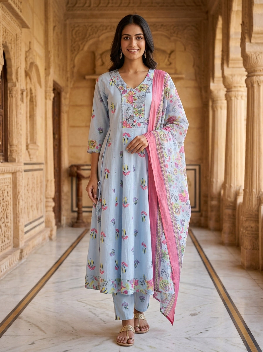 Sky Blue Cotton Anarkali Kurta Pant Set with Dupatta-250149