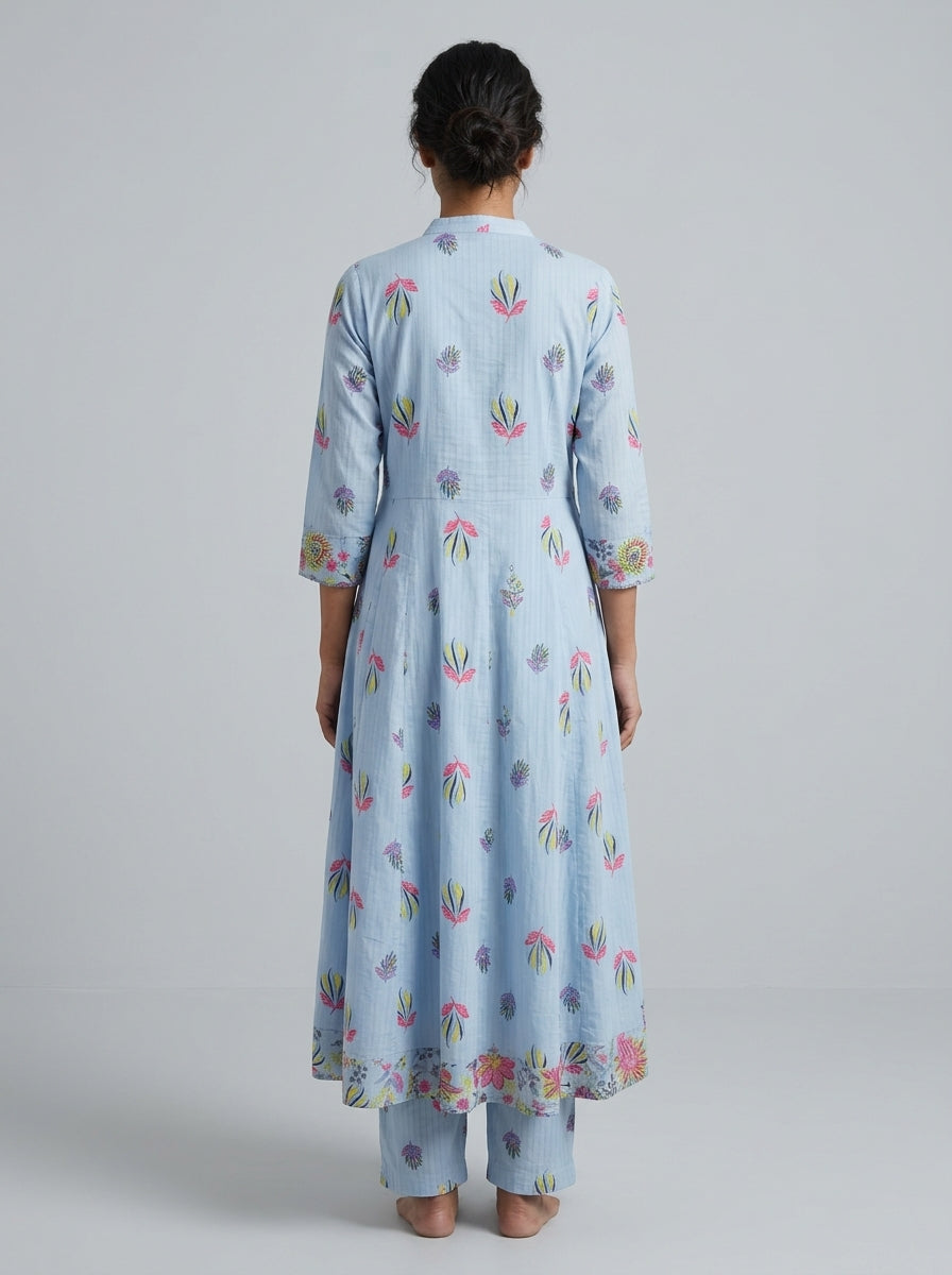 Sky Blue Cotton Anarkali Kurta Pant Set with Dupatta-250149