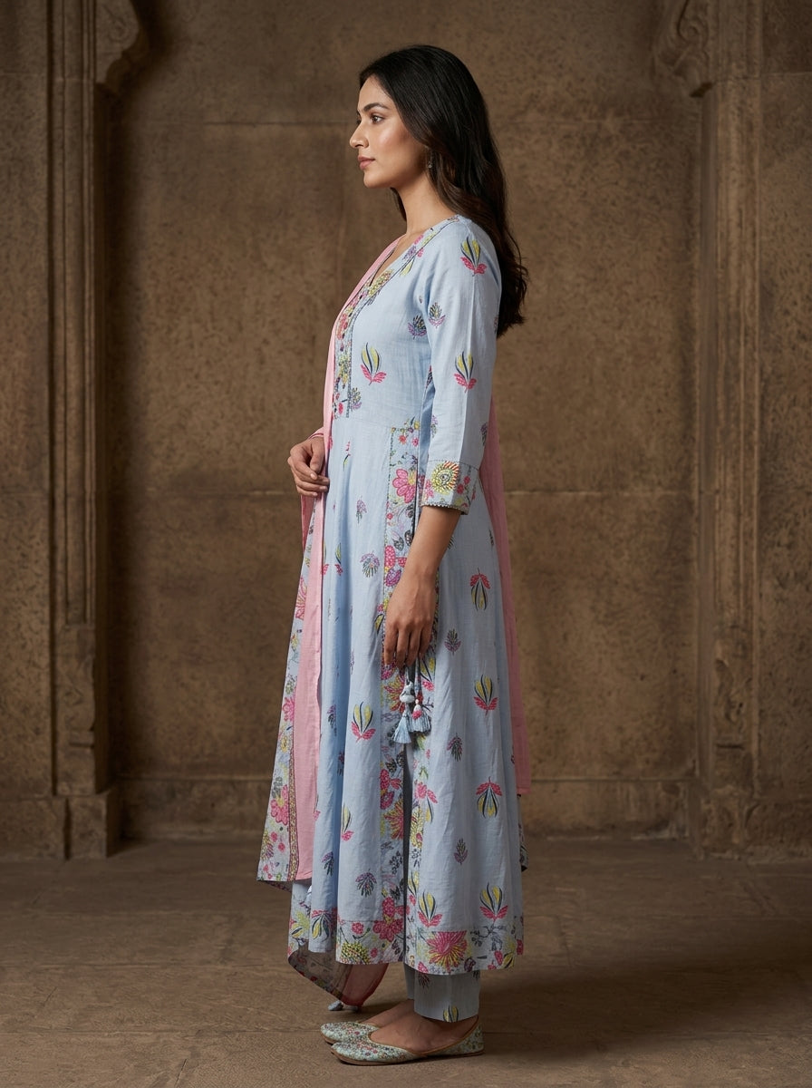 Sky Blue Cotton Anarkali Kurta Pant Set with Dupatta-250149
