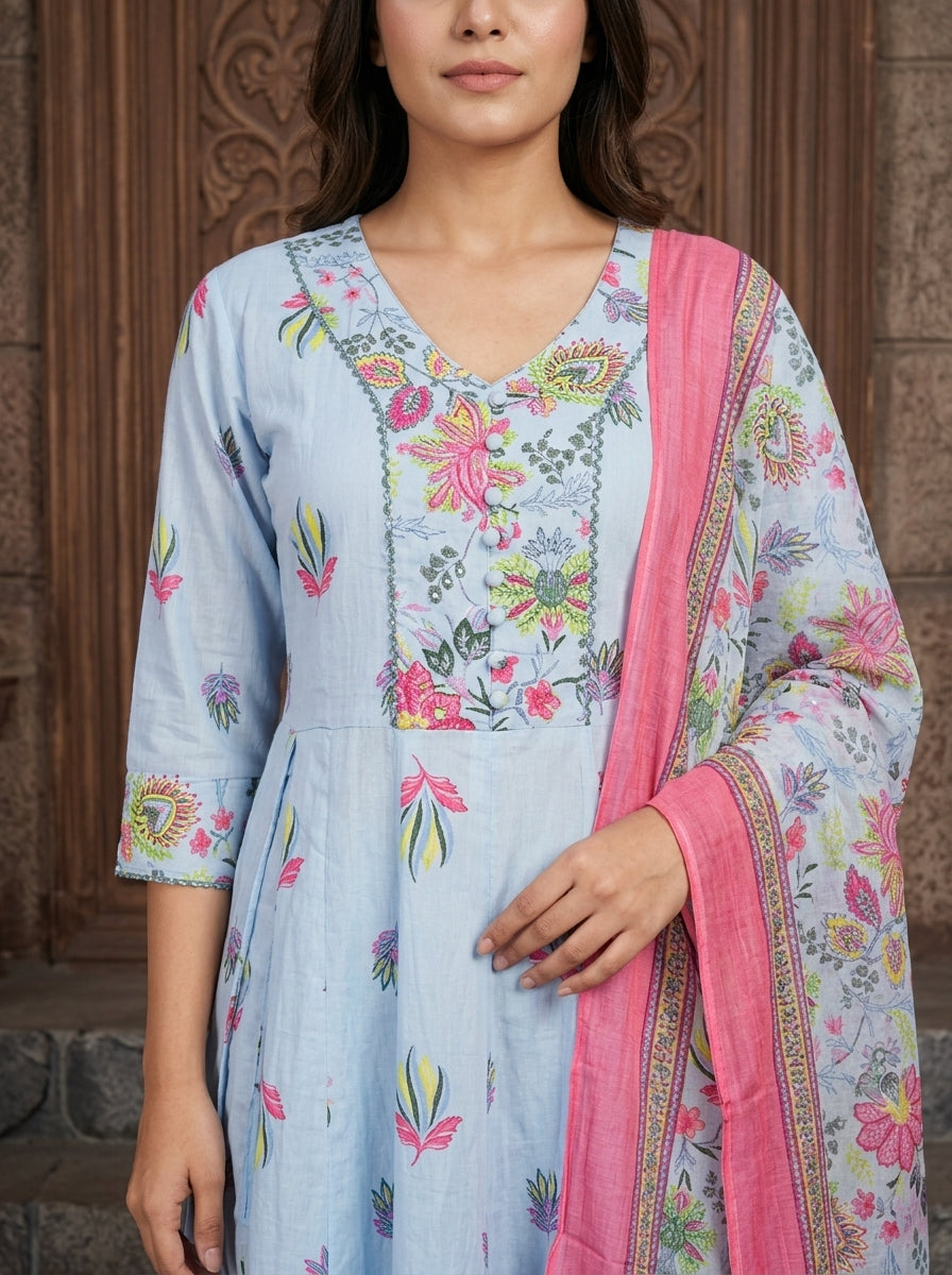 Sky Blue Cotton Anarkali Kurta Pant Set with Dupatta-250149