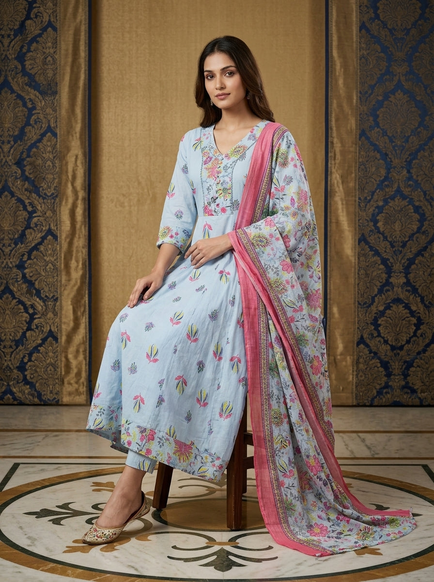 Sky Blue Cotton Anarkali Kurta Pant Set with Dupatta-250149