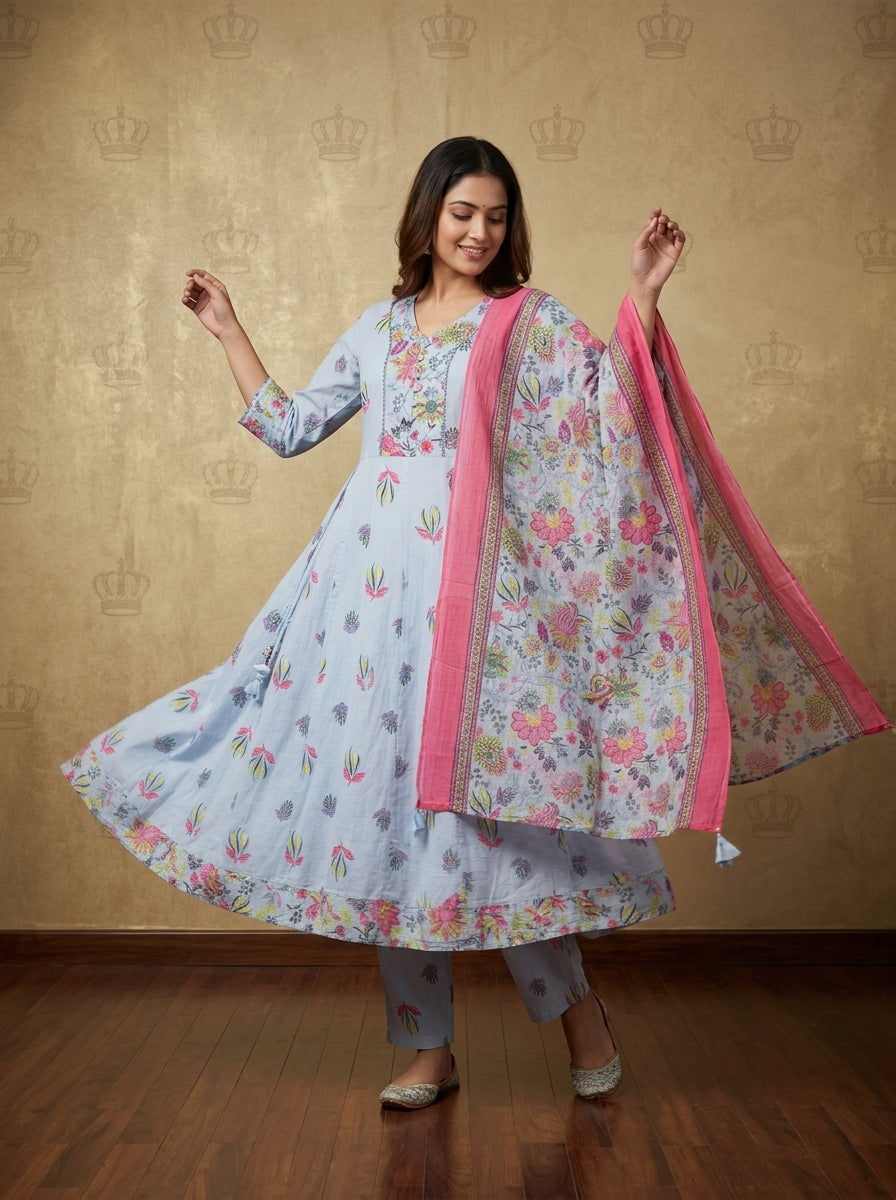 Sky Blue Cotton Anarkali Kurta Pant Set with Dupatta-250149