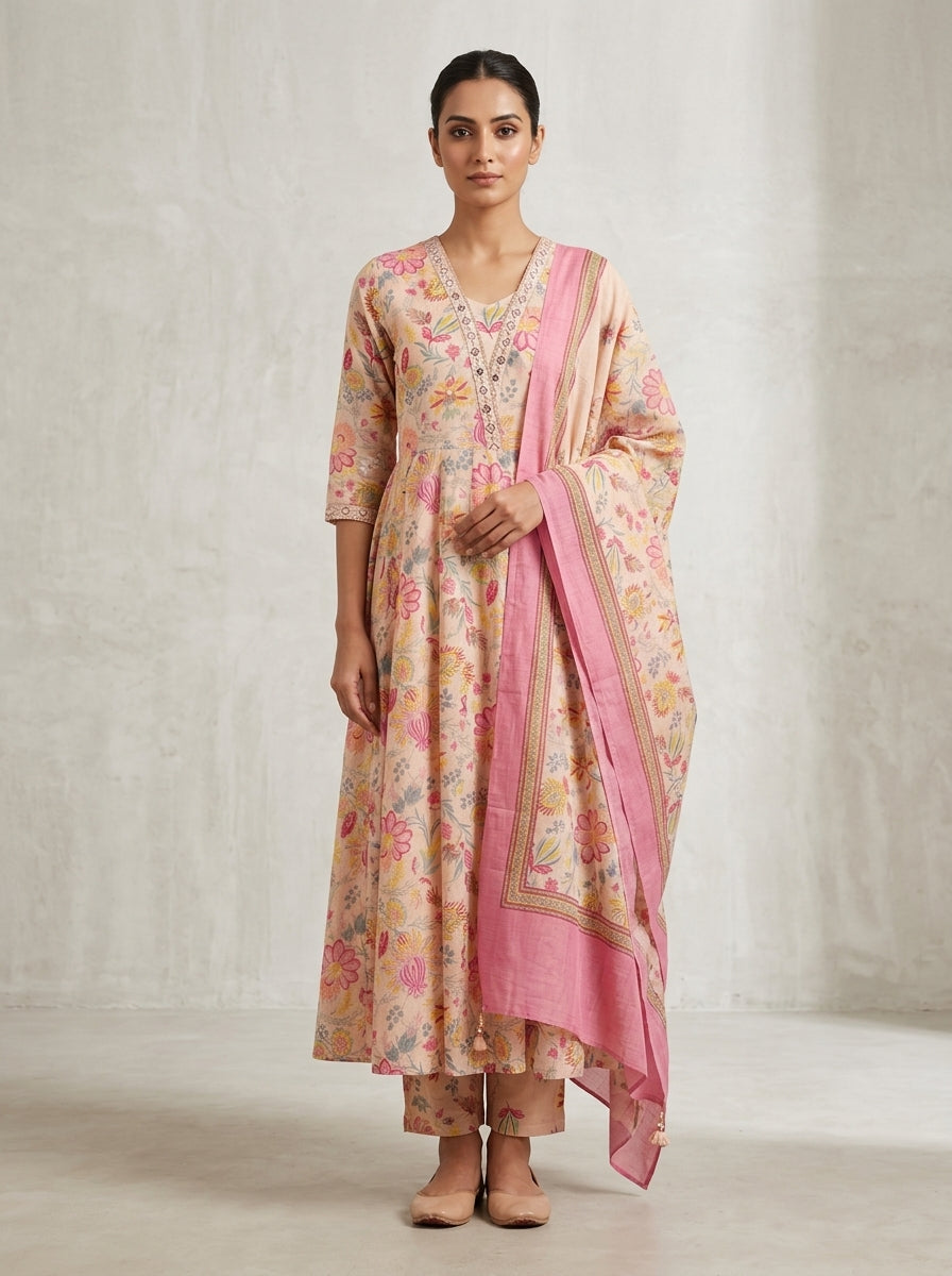 Peach Cotton Anarkali Kurta Pant Set with Dupatta-250150