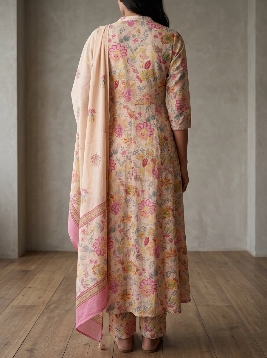 Peach Cotton Anarkali Kurta Pant Set with Dupatta-250150