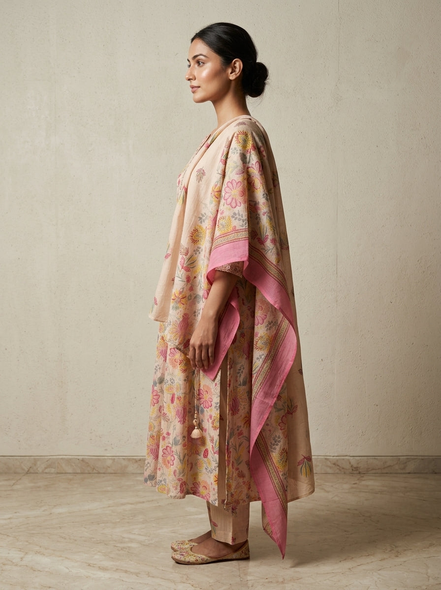 Peach Cotton Anarkali Kurta Pant Set with Dupatta-250150