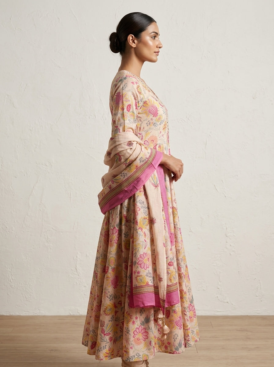 Peach Cotton Anarkali Kurta Pant Set with Dupatta-250150