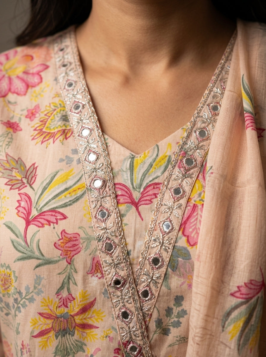 Peach Cotton Anarkali Kurta Pant Set with Dupatta-250150