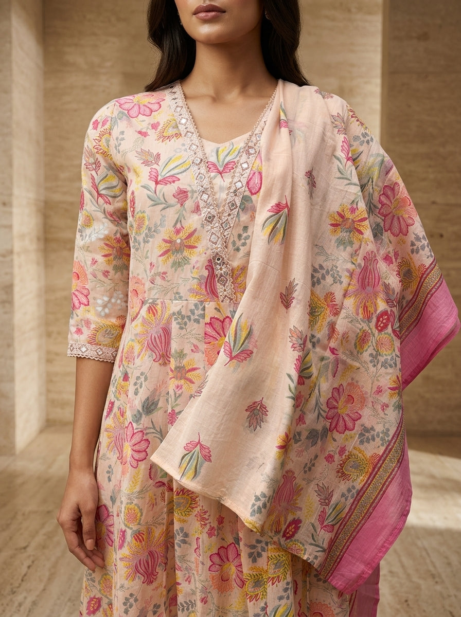 Peach Cotton Anarkali Kurta Pant Set with Dupatta-250150