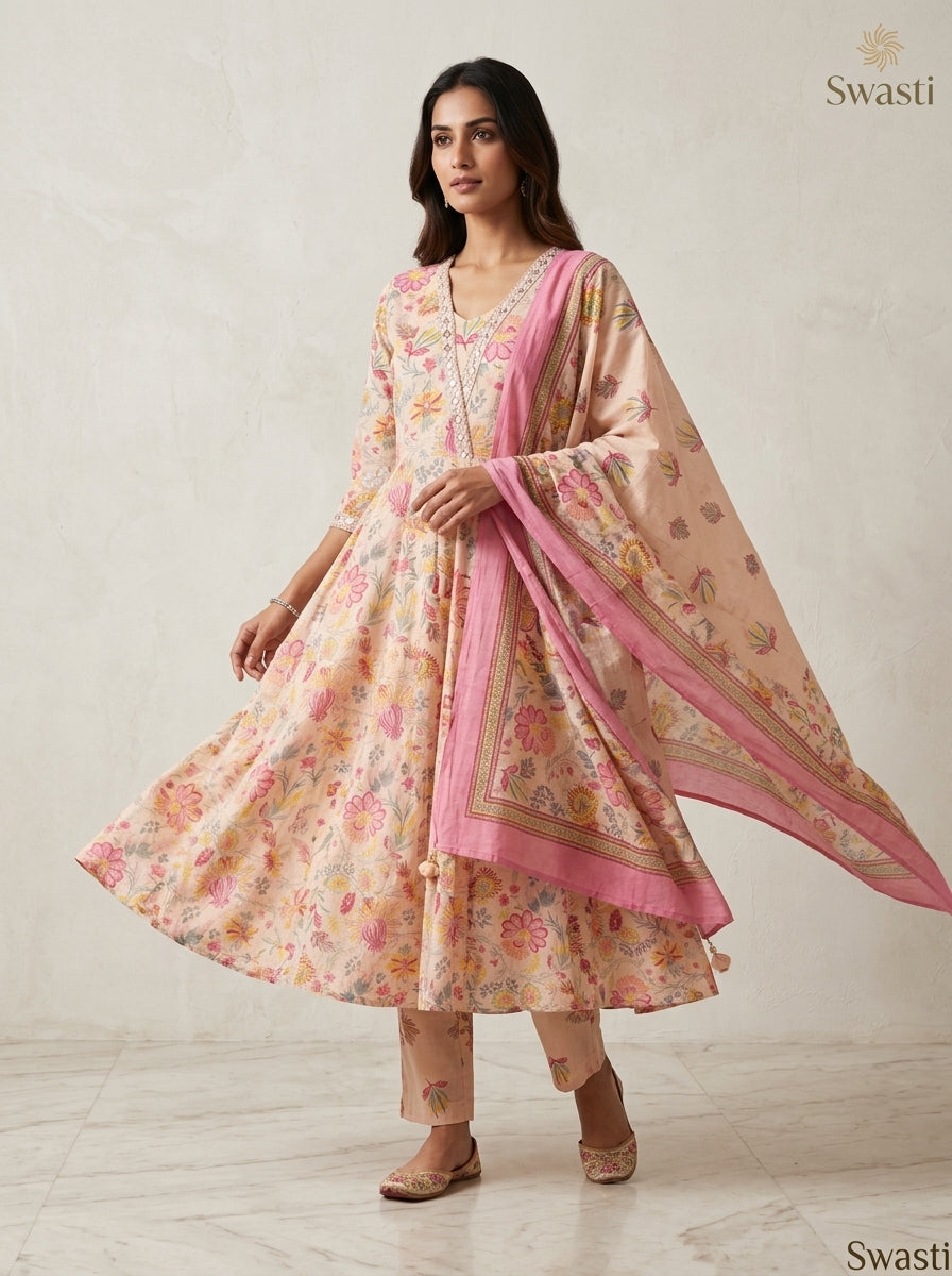Peach Cotton Anarkali Kurta Pant Set with Dupatta-250150
