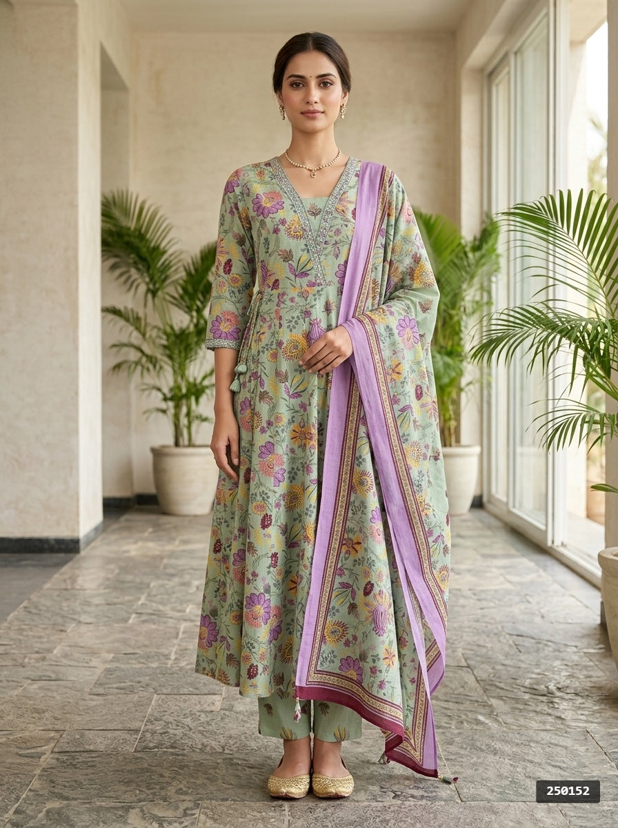 Green Cotton Anarkali Kurta Pant Set with Dupatta-250152