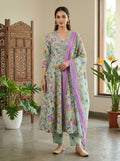 Green Cotton Anarkali Kurta Pant Set with Dupatta-250152